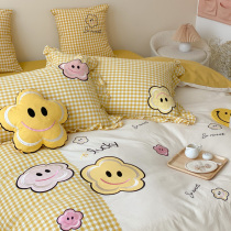 Girls cute washed cotton cartoon bedding four-piece cotton boys childrens bed single quilt cover three-piece set