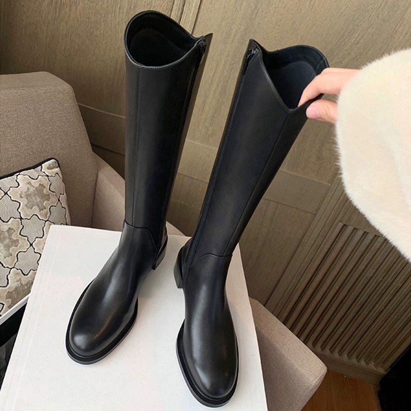 Cowhide version~Genuine leather V-mouth thick sole thick heel high leg knight boots for women to look slimmer Western cowboy boots, knee length boots