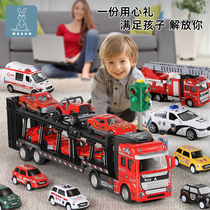 Children Big Alloy Transport Trailer Back Force Flat Bilayer Big Truck Model Suit Little Boy Toy Big