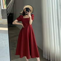  FT GUOGE red dress female 2021 summer new square collar French retro temperament bubble sleeve engagement skirt