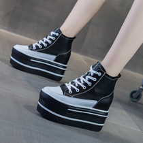 Thick-bottom increased 10cm leather high-top womens shoes spring new super heels casual color color color single shoes pine cake shoes