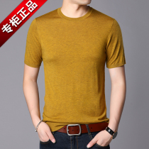 Summer short-sleeved T-shirt Mens wool round neck thin sweater Mens spring and autumn solid color ice silk half sleeve top T-shirt