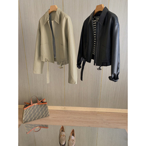 Pine grade retro ~ soft waxy sheep leather hem belt elastic waist loose leather jacket womens short coat