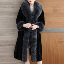 Imported mink coat female Haining mink medium long fox fur collar mink middle-aged mother knee fur coat