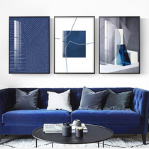 Living room sofa background wall abstract designer model room hanging painting porch geometry Klein Blue triple decorative painting