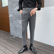 Casual small trousers mens Korean slim fit trend nine-point pants straight business formal Paris buckle high-waisted suit pants