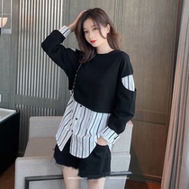 Pregnant women 2021 autumn Net Red fashion slim striped stitching sweater long large size temperament personality top