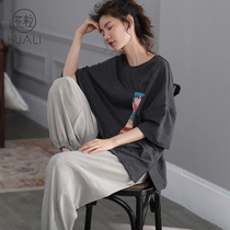 2021 new spring and summer pajamas womens cotton short-sleeved trousers home wear thin models can go out for leisure and high sense