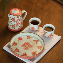  Literary and artistic fresh hand-painted double happiness Chinese wedding coffee pot cup cold water pot Flower tea pot Kung Fu tea set one pot two cups