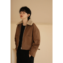 Miss Hadtooth winter new original tooling wind pilot pumpkin Brown lamb wool collar warm short jacket cotton suit