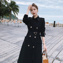 Black windbreaker coat womens 2021 new spring and autumn long British style high-class temperament popular over-the-knee coat