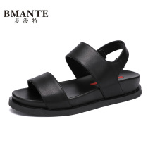 Summer Inn pure black cow leather light soft and thick bottom sandal mens toes casual magic sticker beach shoe heightening male cool drag