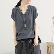 Ice silk sweater womens 2021 summer new pullover V-neck short-sleeved T-shirt Korean version of the thin section of the base loose top tide