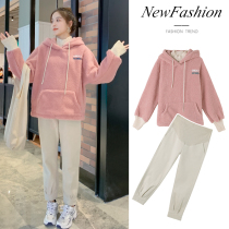 Pregnant women autumn and winter clothing set fashion 2021 Winter clothing loose lamb wool sweater plus velvet thickened spring and autumn two-piece set