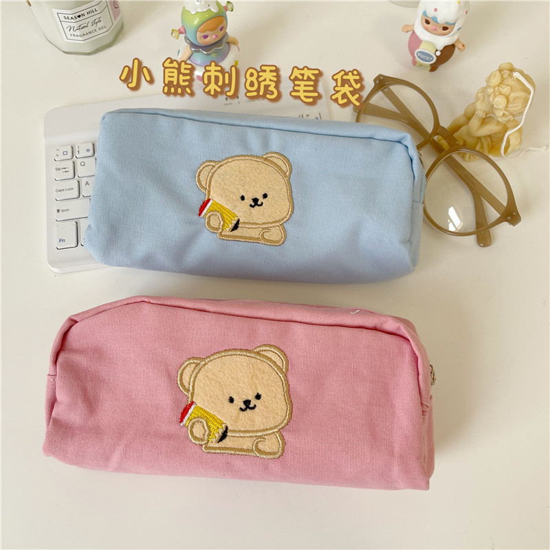 South Korea ins cute cream embroidered bear funny large-capacity canvas pen bag student stationery bag pencil case