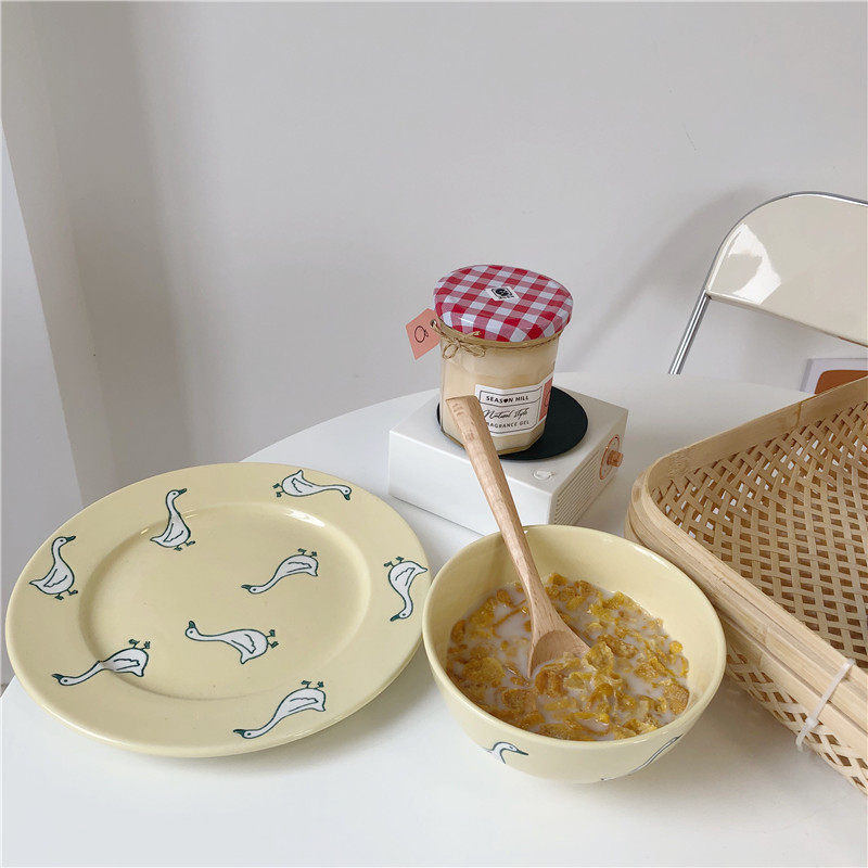 Korean ins childrens cute milk yellow big white goose cartoon one-man eat ceramic bowl plate combination tableware breakfast plate