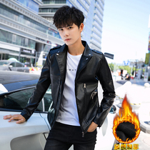 Hong Kong Tide brand lapel leather men Spring and Autumn plus velvet thickened material Korean slim mens coat short leather jacket