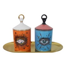 Designer big eyes big hands with lid ceramic decorative jar storage jar star eye print scented candle holder cup