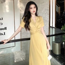  Korean counter 2021 spring and summer French Xiaoxiang retro style mid-length dress waist thin silk long skirt