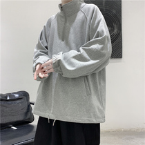 Japanese Harajuku style gray striped sweatshirt sweater mens autumn trend hiphop high street solid color stand-up collar jacket