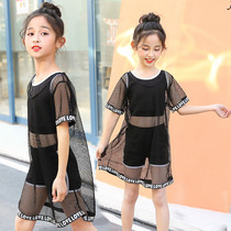 6-14 years old childrens swimsuit Middle and large childrens split sports blouse mesh student sports three-piece swimsuit girl