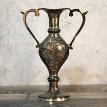 Pakistan copper vase flat pot vase exquisite colorful flowers characteristic home accessories handicraft ornaments 12 inches