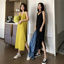 Pregnant womens suspender skirt spring and autumn clothing personality split inside knitted dress vest dress fashion loose knee long skirt