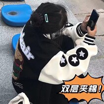 Autumn and winter New High Street Harajuku burger print student baseball uniform loose casual men and women plus velvet thick coat tide tide