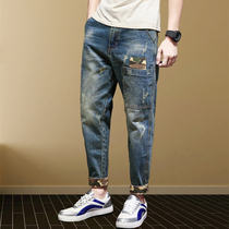 Spring and summer jeans Mens loose Harun Pants Day Ensemble Retro Bunch Foot Camouflage Plus Fat Increase Code Trend Little Foot Long Pants