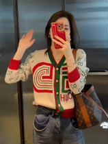 Euroletter V neckline with small fragrant wind sweater sweater for womens spring bump color jacquard ultra-fire-knitted sweatshirt jacket Short-style blouses
