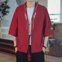 Chinese embroidery Hanfu mens summer thin Chinese style linen loose seven-point sleeve sunscreen clothing robe jacket kimono