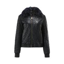 Trussardi Blue Black Sheepskin Plush Lining Classic logo Detail Womens Jacket Jacket Leather