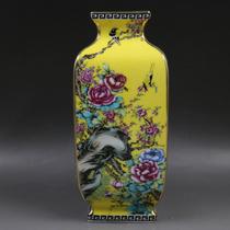  Qing Qianlong Yellow earth enamel colorful flowers and birds square vase Antique porcelain Home living room decoration Antique antique collection