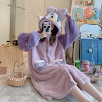Whose little darling ~ warm winter cute girl autumn and winter coral velvet long nightgown hat flannel pajamas female winter