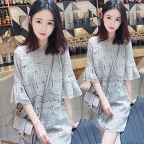 Korean womens clothing 2021 summer new net red mid-length temperament long dress outside the hollow lace dress female