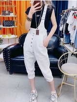 European new shoulder strap Capri pants female 2021 summer small man high waist slim casual wide leg jeans