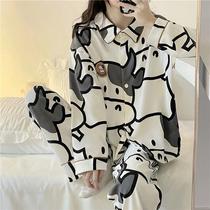 Net red pajamas female ins spring and autumn cardigan sweet student long sleeve cute cartoon cow outside home suit
