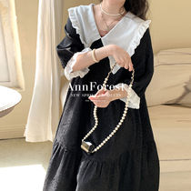 (Ink Jade Kirin) Anne Forest Retro style Collider Collider Coloured collar black creaty dress 70% sleeves