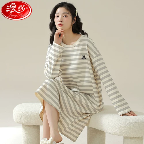 Осенняя пижама, юбка, хлопковый длинный лонгслив, платье, оверсайз, средней длины