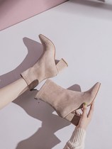 Tide brand autumn and winter boots womens high heel boots female apricot skinny boots 2021 New rough heeled suede boots children