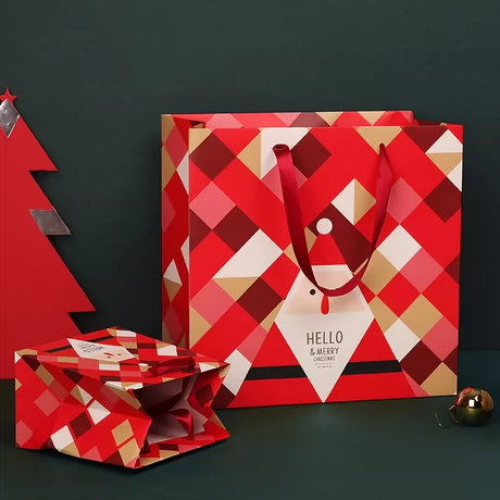 圣诞礼物包装袋精美几何图案红色手提袋原创礼品袋纸袋新品