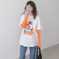 Spring and summer maternity dress cartoon print fake two-piece long sleeve T-shirt fashion foreign style pregnant woman T-shirt Joker age age reduction shirt