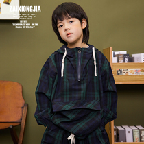 Z A I X O N G J I A WATCH GREEN PLAID WITH CAP SWEATPANTS SUIT LONG PANTS SUIT SPRING AND EARLY SUMMER CHILD CLOTHES BOY BLOUSE