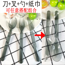 Disposable plastic black knife and fork spoon paper towel independent packaging combination with dessert Western tableware