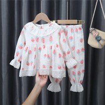 Girls cotton gauze home clothing set foreign spring and autumn childrens long sleeve pants pajamas two-piece air-conditioning clothing