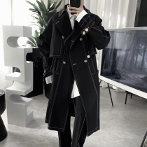 Mr. Short black line windbreaker male Spring and Autumn design sense 2021 new suit collar over the knee British style coat