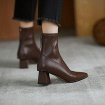 GANAIER super temperament leather pointed elastic boots women slim boots Brown short boots thick heel slim Autumn Winter