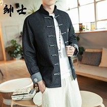 Spring Chinese style buckle Tang retro printed embroidery ethnic style denim jacket Loose casual mens jacket
