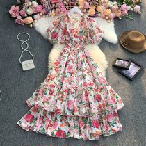 Summer trumpet sleeves thin waist Super fairy temperament V-collar floral dress Bohemia holiday big dress