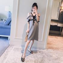 Maternity summer fashion 2021 new Korean plaid leaky shoulder ruffle mid-length dress hot mom